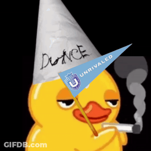 Cartoon Duck In Party Hat Holding Unrivaled Flag GIF