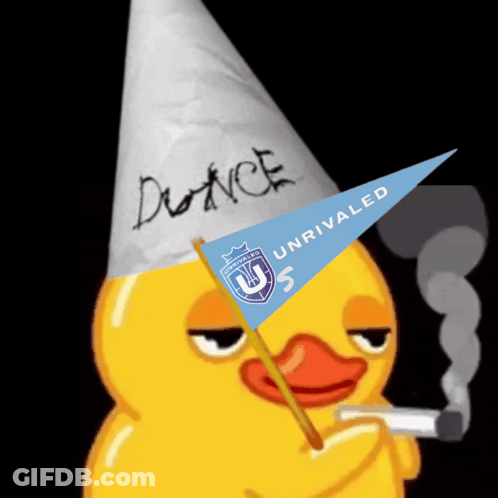 Cartoon Duck In Party Hat Holding Unrivaled Flag GIF