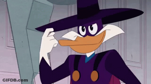 Cartoon Duck In Purple Hat And Black Mask GIF