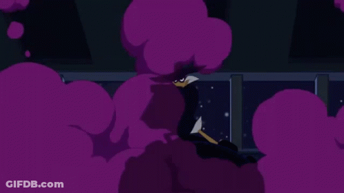 Cartoon Duck In Purple Hat Sitting In Dark Room GIF