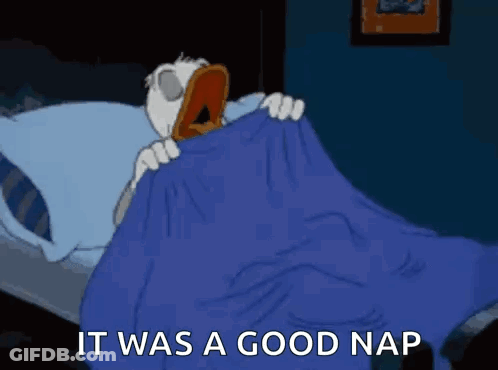 Cartoon Duck Laying In Bed With Blue Blanket GIF