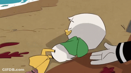 Cartoon Duck Laying On Ground Next To Hand GIF