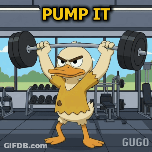 Cartoon Duck Lifting Barbell Saying Pump It GIF