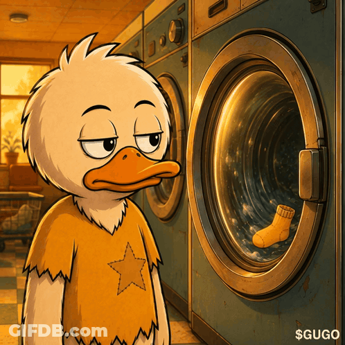 Cartoon Duck Looking At Socks In Washer GIF