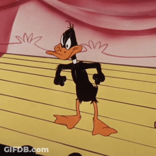 Cartoon Duck On Stage With Pink Curtain GIF