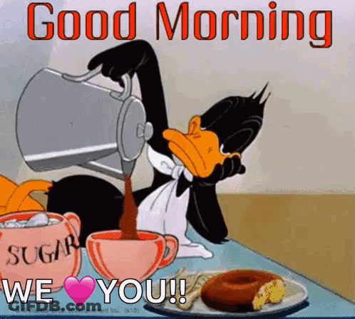Cartoon Duck Pouring Coffee Into Cup With Donut GIF