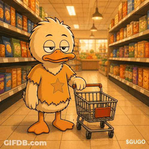 Cartoon Duck Pushing Shopping Cart GIF