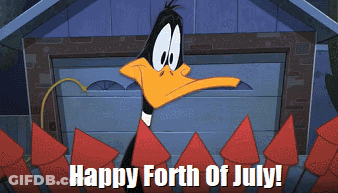 Cartoon Duck Says Happy Fourth Of July In Front Of Garage GIF