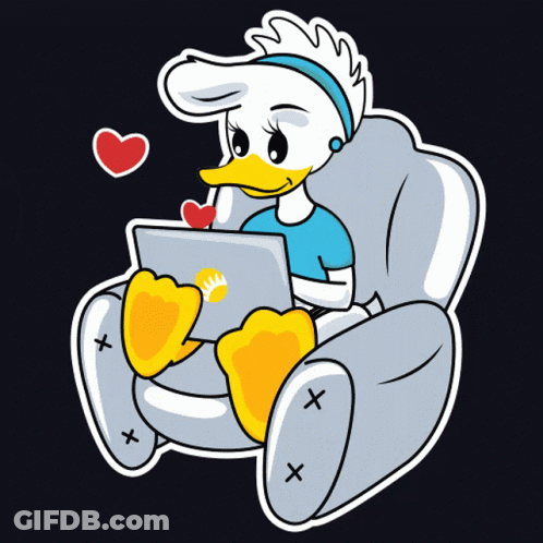 Cartoon Duck Sitting In Chair With Laptop GIF