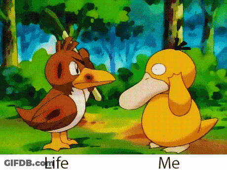 Cartoon Duck Standing Next To Pink And Purple Pokemon With X On Face GIF