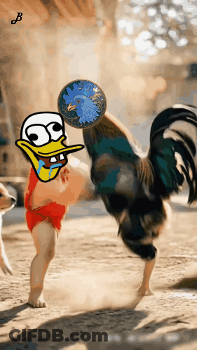 Cartoon Duck Standing Next To Rooster Holding Ball GIF