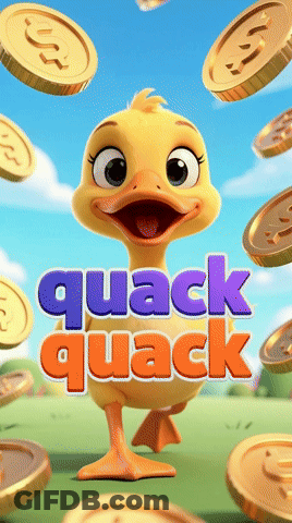 Cartoon Duck Surrounded By Gold Coins Saying Quack Quack GIF
