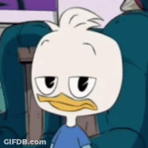Cartoon Duck With Yellow Beak Sitting In Chair GIF