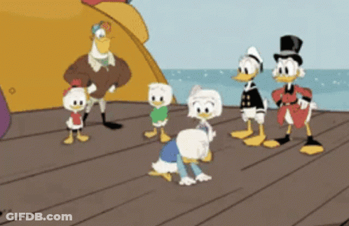 Cartoon Ducks Standing On Pier Near Ocean GIF