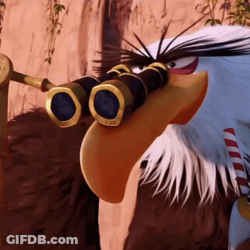 Cartoon Eagle With Binoculars And Striped Scarf GIF