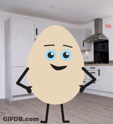 Cartoon Egg With Blue Eyes In Kitchen GIF
