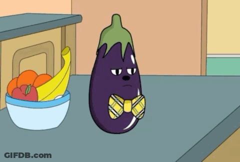 Cartoon Eggplant With Bow Tie And Fruit Bowl GIF