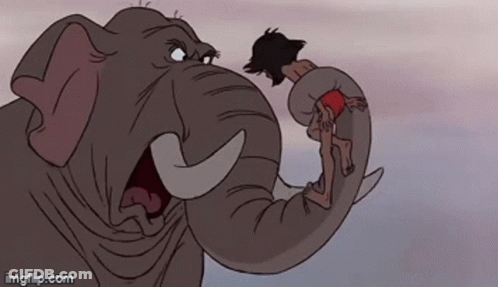 Cartoon Elephant Holding Man In Tusks GIF