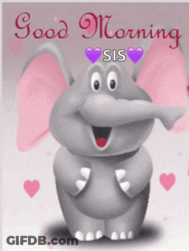 Cartoon Elephant With Purple Hearts Good Morning Sis GIF