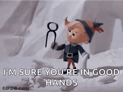 Cartoon Elf Holding Scissors And Ring In Snow GIF
