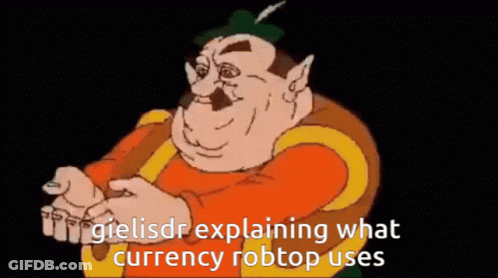 Cartoon Explaining Robtop Currency On Black Background GIF