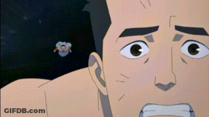 Cartoon Face With Man Flying In Background GIF