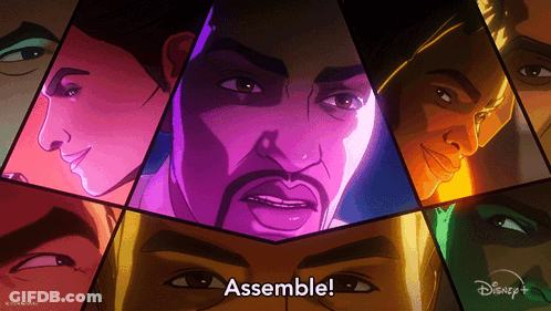 Cartoon Faces Collage Saying Assemble GIF