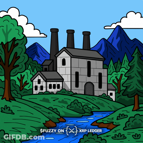 Cartoon Factory Surrounded By Trees And Mountains GIF