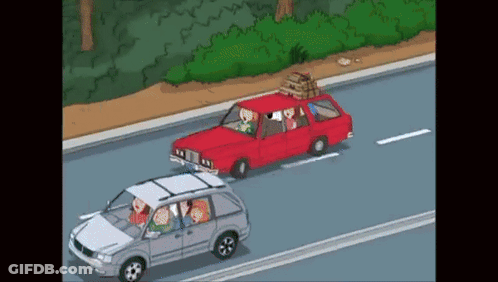 Cartoon Family Driving With Red Car Behind GIF