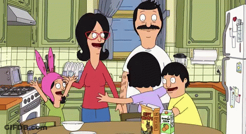 Cartoon Family In Kitchen With Peach Juice Box GIF