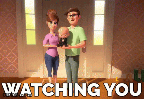 Cartoon Family Standing In Front Of Watching You Door GIF