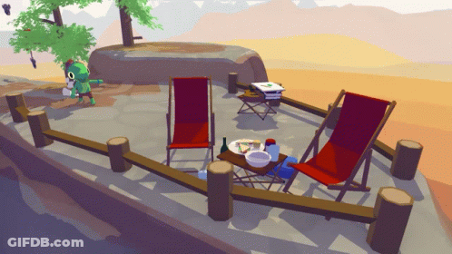 Cartoon Fence With Two Chairs And Table Of Food GIF