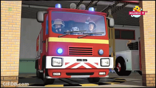 Cartoon Fire Truck Parked In Garage Saying Minimini GIF
