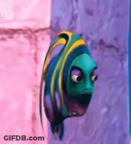 Cartoon Fish With Yellow Tail Swimming In Pink And Purple Water GIF