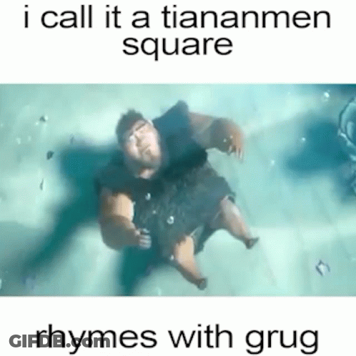 Cartoon Floating In Water Saying I Call It A Tianamen Square Rhymes With Grug GIF