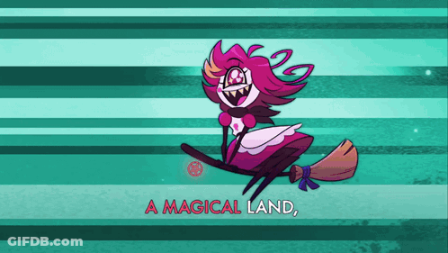 Cartoon Flying On Broom A Magical Land GIF
