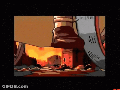Cartoon Foot Standing In Front Of Burning City GIF