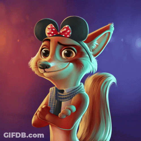 Cartoon Fox In Minnie Mouse Hat And Scarf GIF