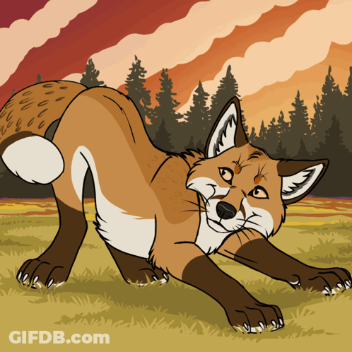 Cartoon Fox Stretching Legs In Field GIF