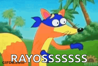 Cartoon Fox Wearing Mask In Field Saying Rayosssss GIF