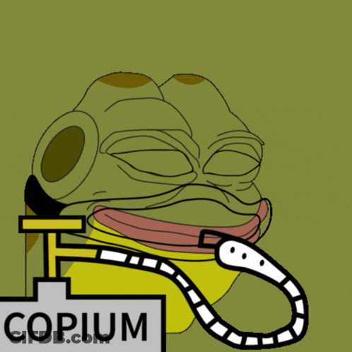 Cartoon Frog Holding Leash Saying Copium GIF