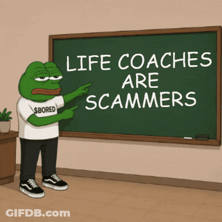 Cartoon Frog Pointing At Blackboard Saying Life Coaches Are Scammers GIF