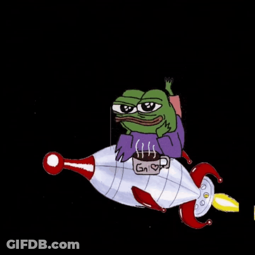 Cartoon Frog Riding Rocket With Coffee Cup GIF