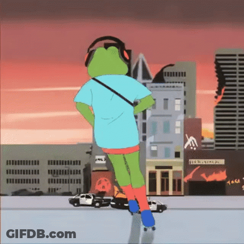 Cartoon Frog Rollerblading In Headphones GIF