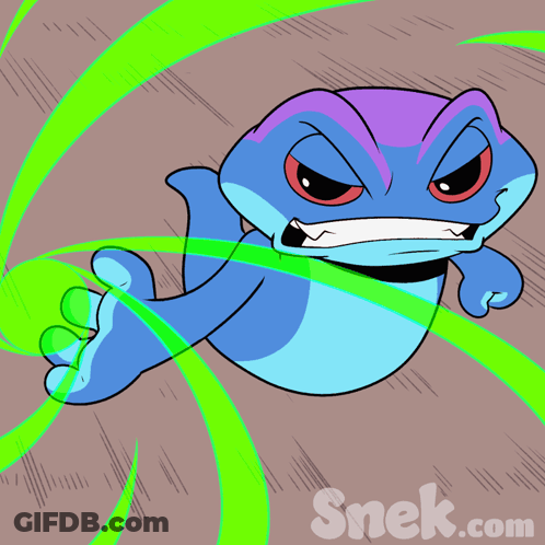 Cartoon Frog Surrounded By Green Swirls Saying Snek.com GIF