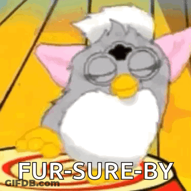 Cartoon Furby Sitting On Yellow Surface Saying Fur-Sure-By GIF