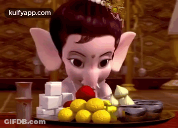 Cartoon Ganesha Sitting With Fruit Tray GIF