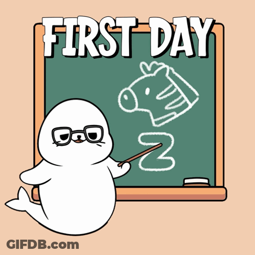 Cartoon Ghost In Front Of Blackboard Saying First Day GIF