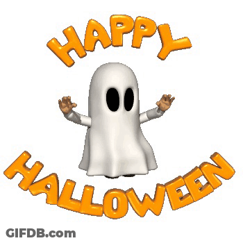Cartoon Ghost Surrounded By Happy Halloween GIF