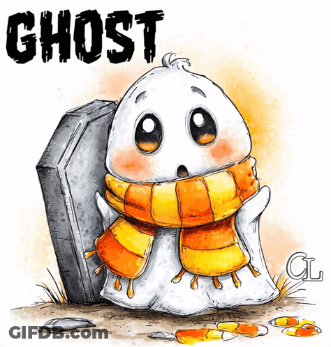 Cartoon Ghost With Scarf And Candy Corn Next To Grave GIF